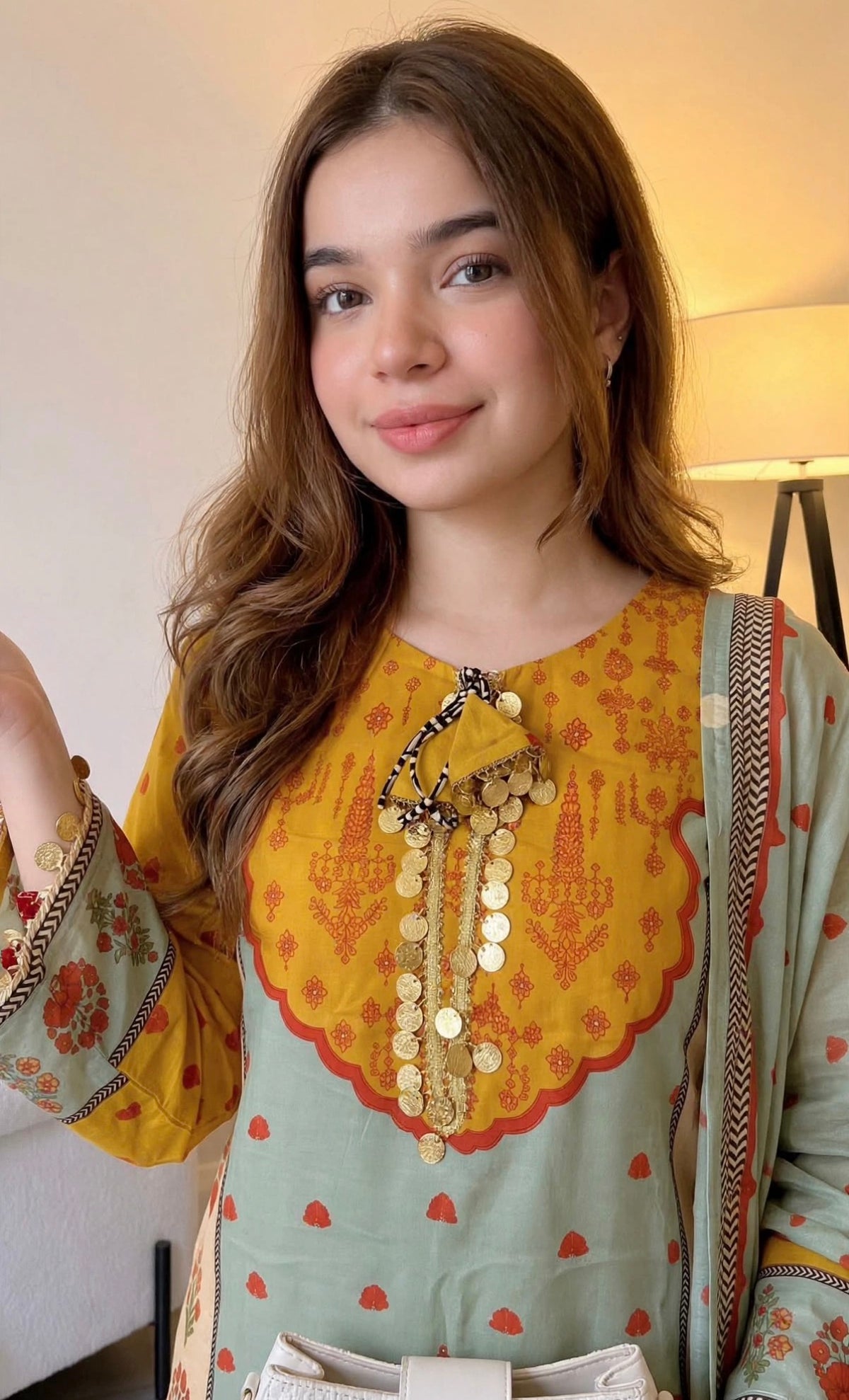 K635 - Pure crape printed coin work farshi salwar with pants and dupatta