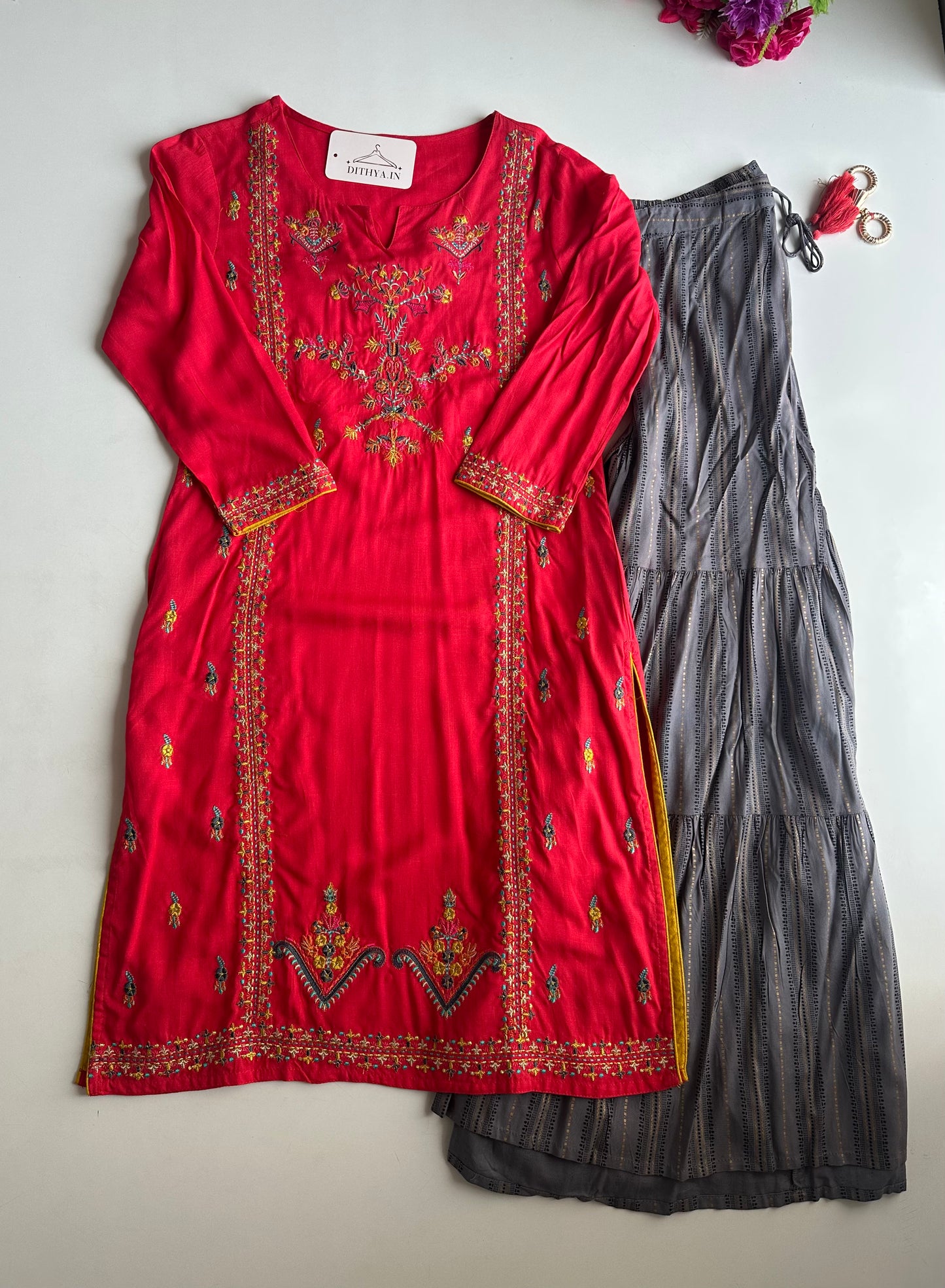 D796-Muslin straight Kurti with divider pants