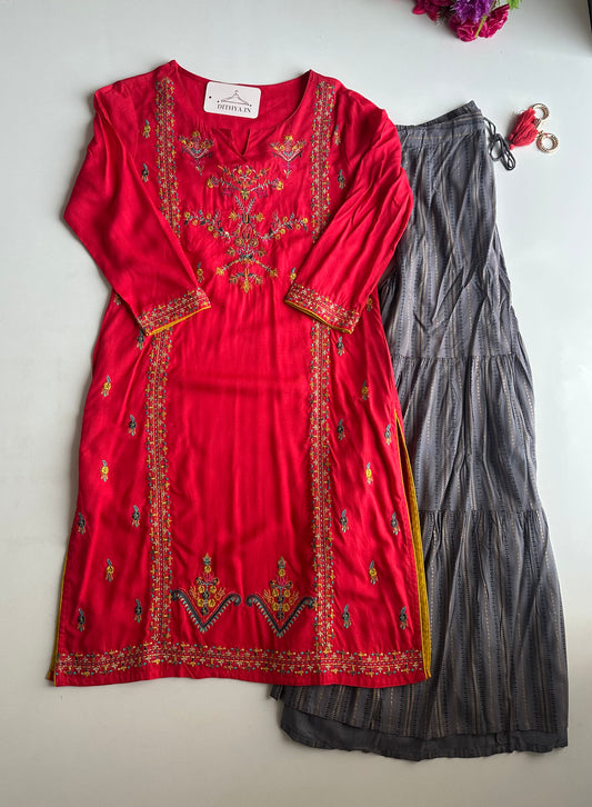 D796-Muslin straight Kurti with divider pants