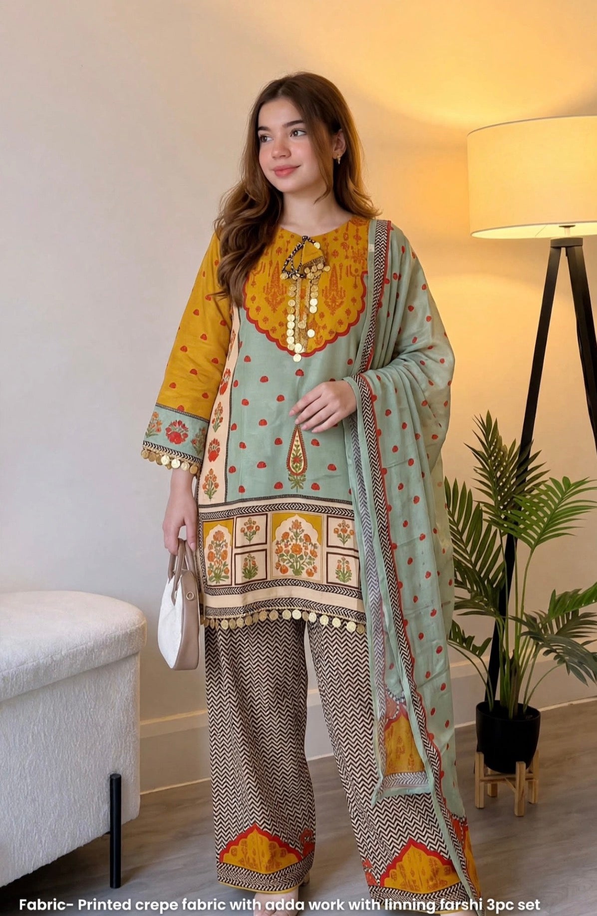 K635 - Pure crape printed coin work farshi salwar with pants and dupatta