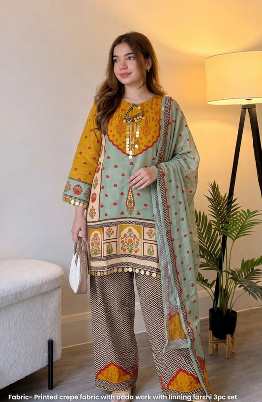 K635 - Pure crape printed coin work farshi salwar with pants and dupatta