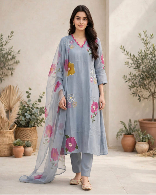 K262 - Mul chanderi hand painted embroidered Aline Kurti with pants and dupatta