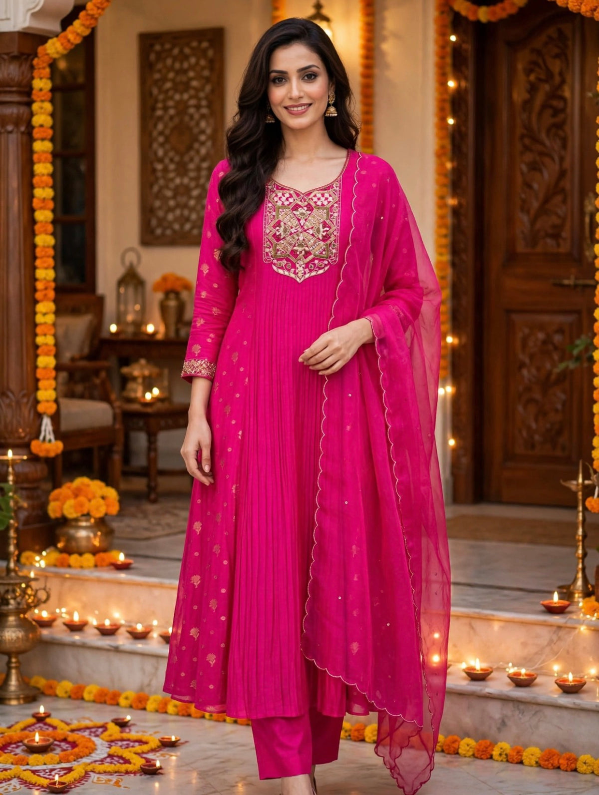 K551 - Mul chanderi zari handwork Aline Kurti with pants and dupatta
