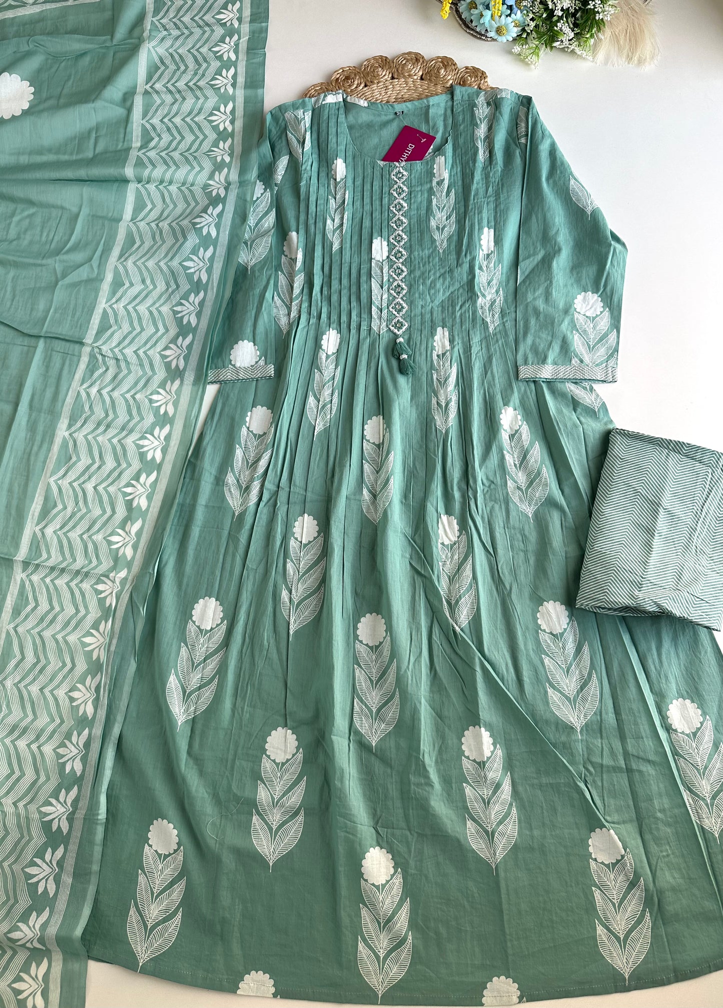 K273 - Mul cotton pleated Anarkali with pants and dupatta