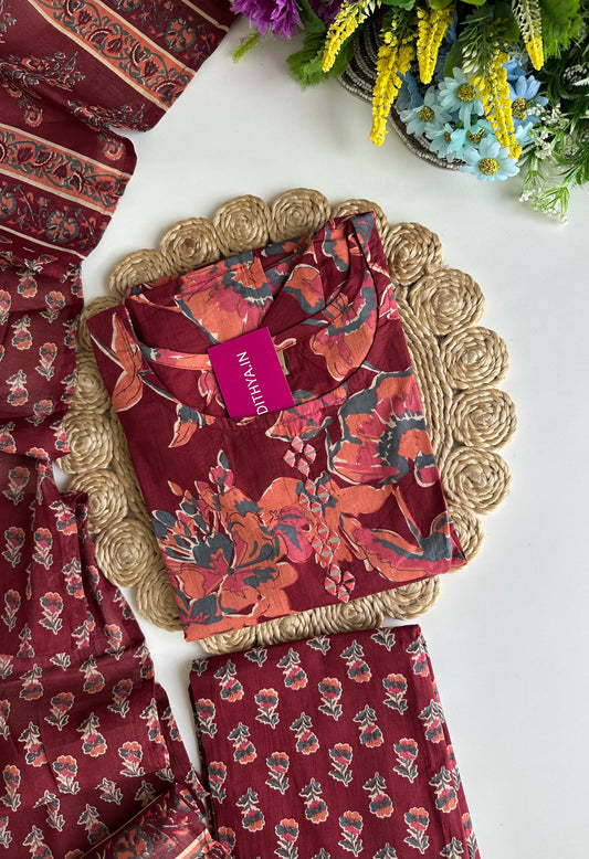 K071 - Cotton floral straight Kurti with pants and dupatta in 4 colours