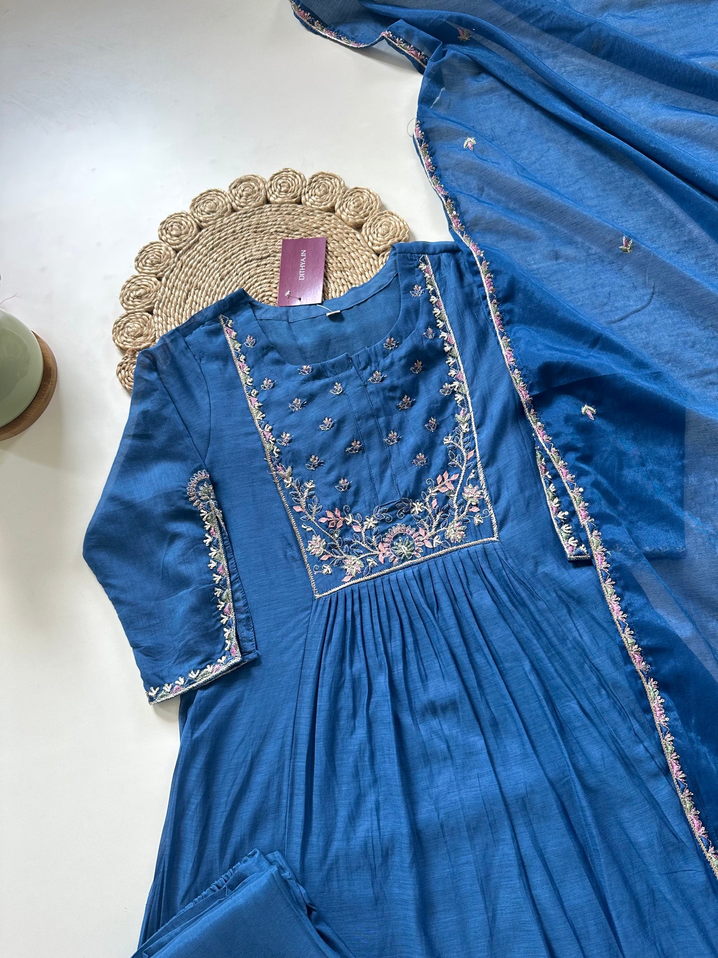 K136 - Mul Chanderi handwork Anarkali with pants and dupatta .