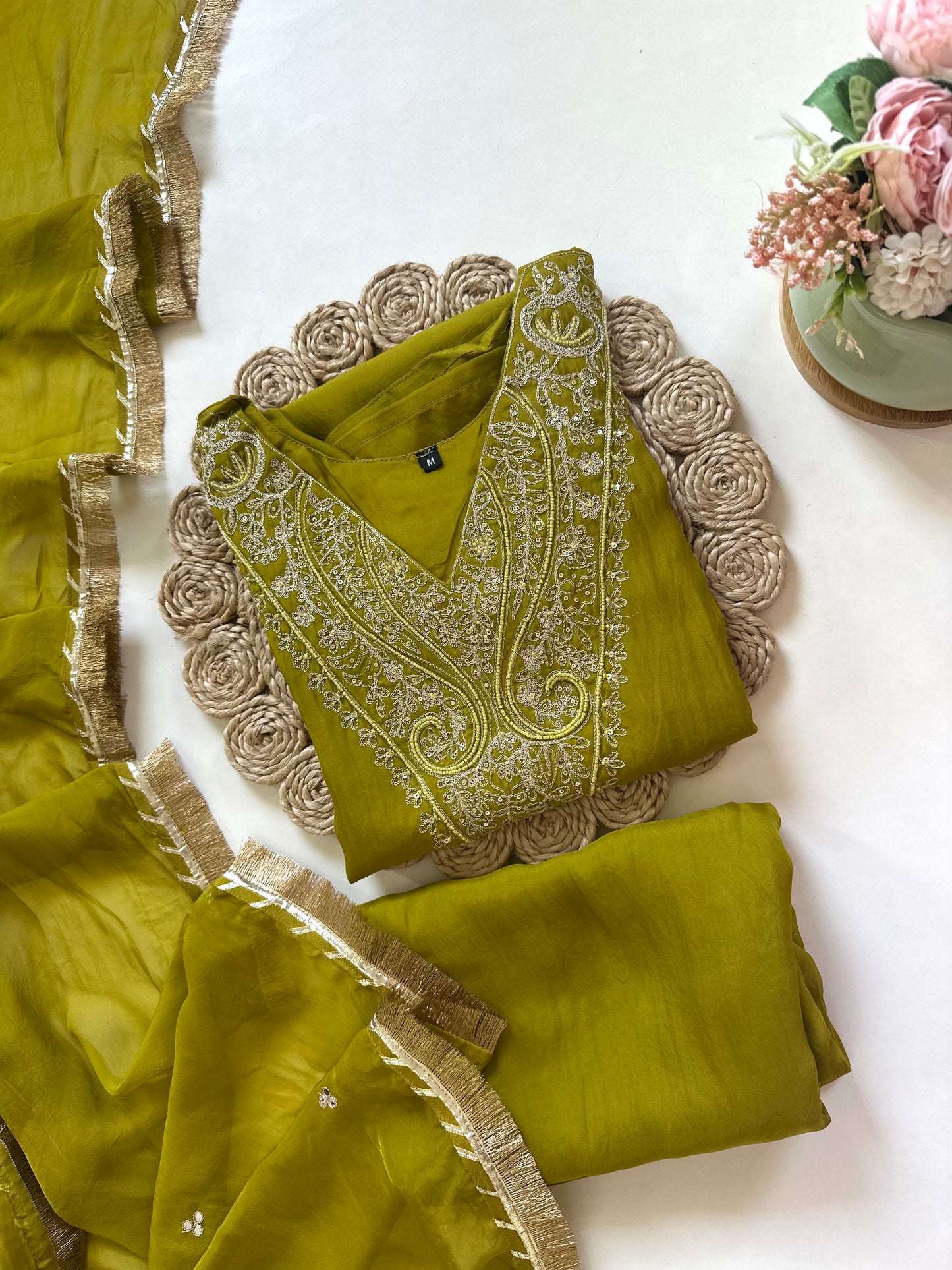 K075 - Viscose organza Handwork straight Kurti with pants and dupatta .