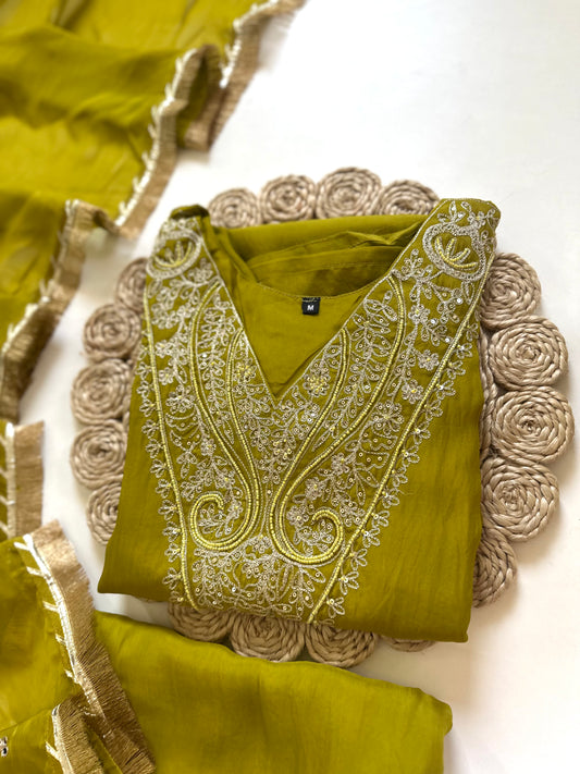 K075 - Viscose organza Handwork straight Kurti with pants and dupatta .