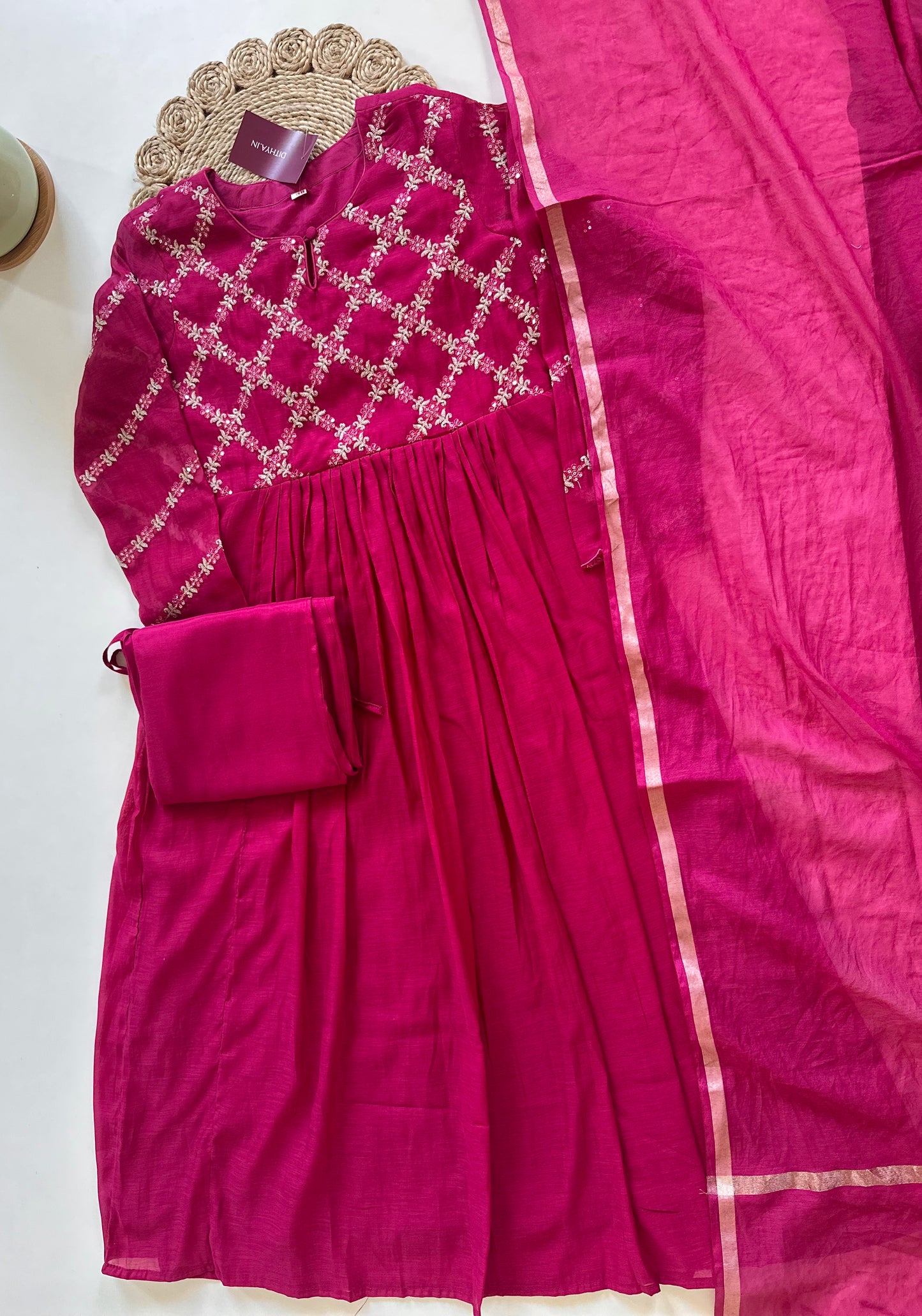 K143 - Mul Chanderi Zari work Anarkali with pants and dupatta in 2 colours .