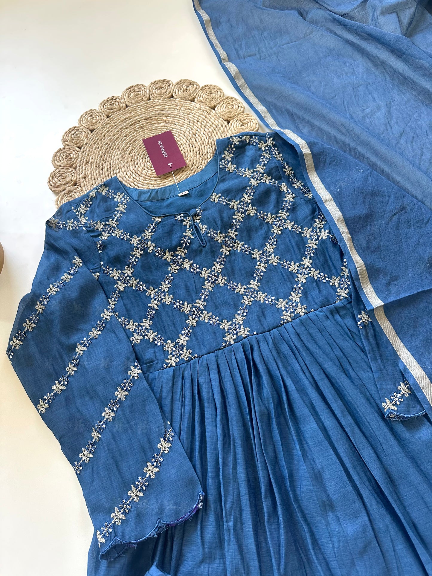 K143 - Mul Chanderi Zari work Anarkali with pants and dupatta in 2 colours .