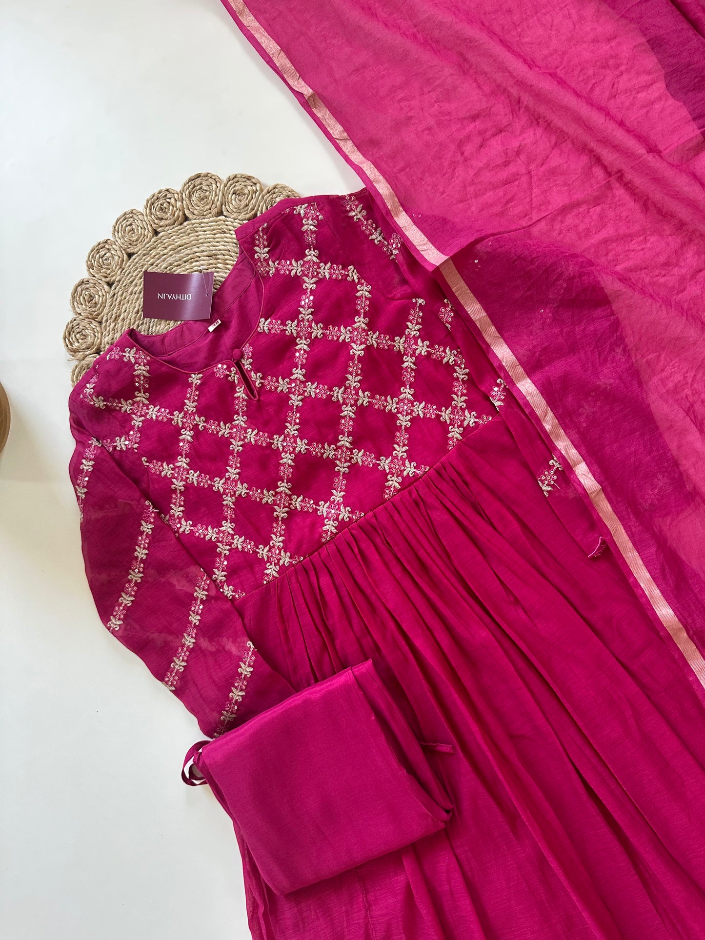 K143 - Mul Chanderi Zari work Anarkali with pants and dupatta in 2 colours .