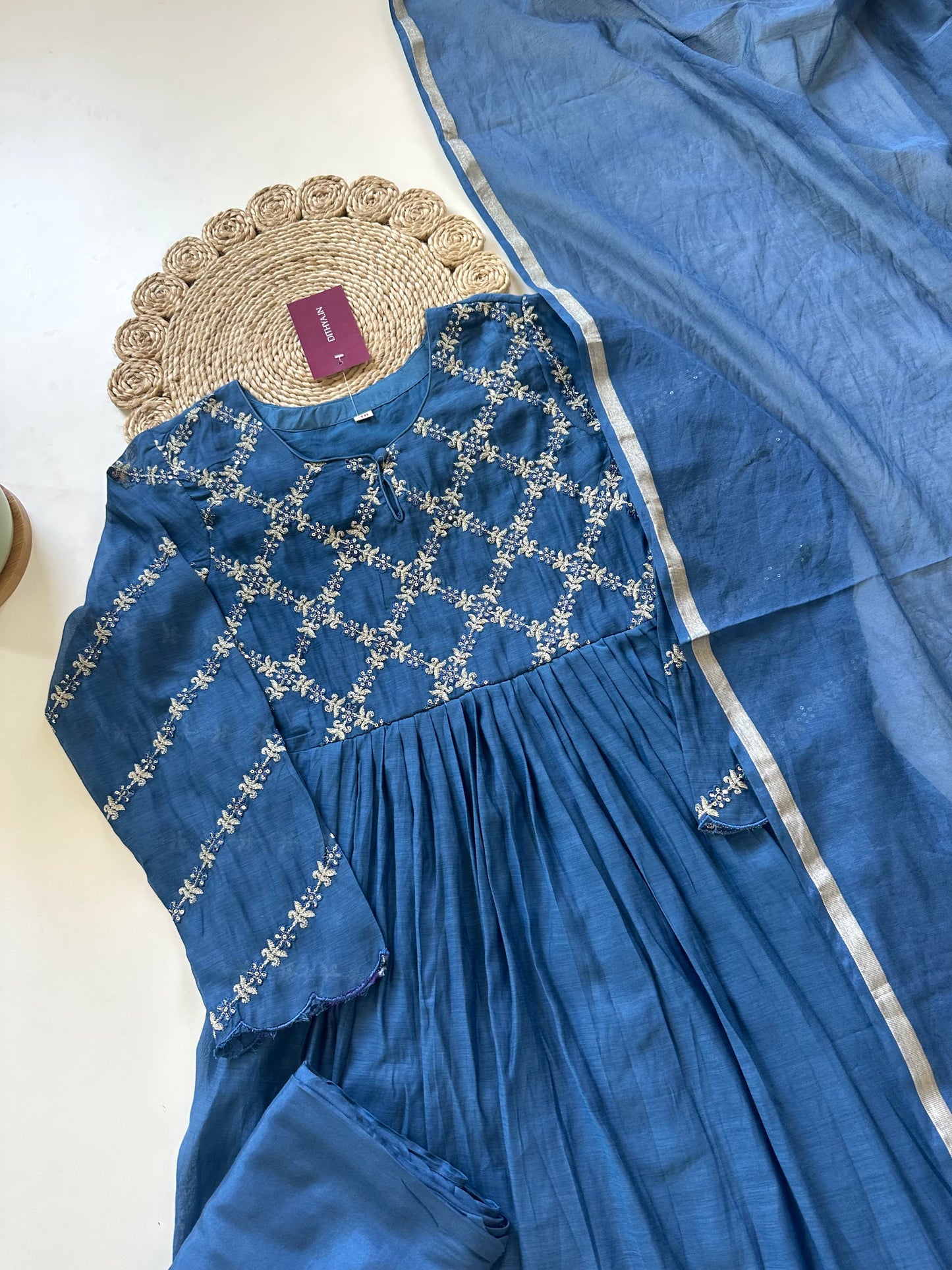 K143 - Mul Chanderi Zari work Anarkali with pants and dupatta in 2 colours .