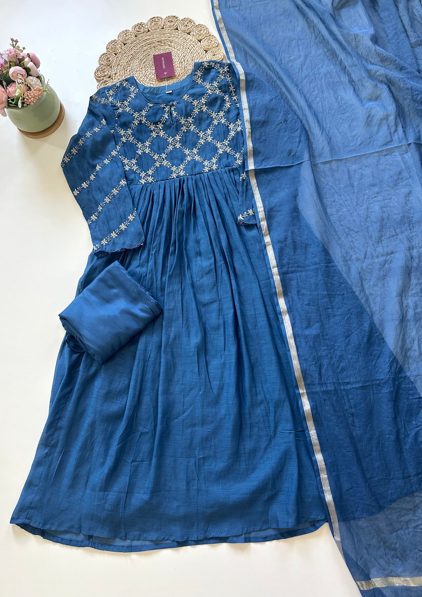 K143 - Mul Chanderi Zari work Anarkali with pants and dupatta in 2 colours .