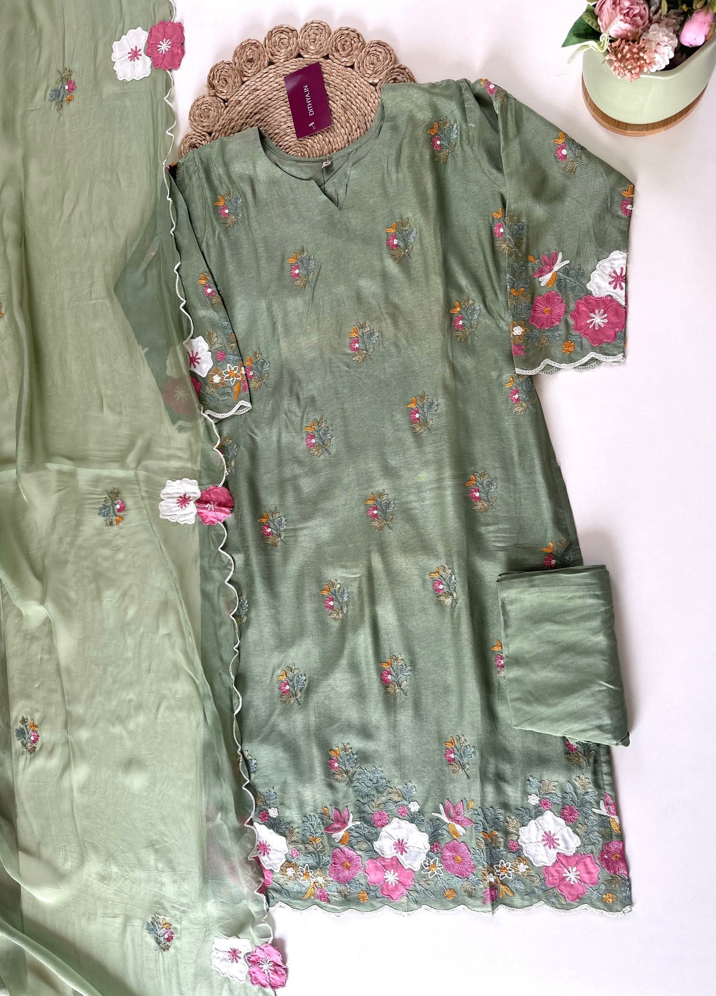 K194 - Russian silk Embroidery work straight kurti with pants and viscose organza dupatta .