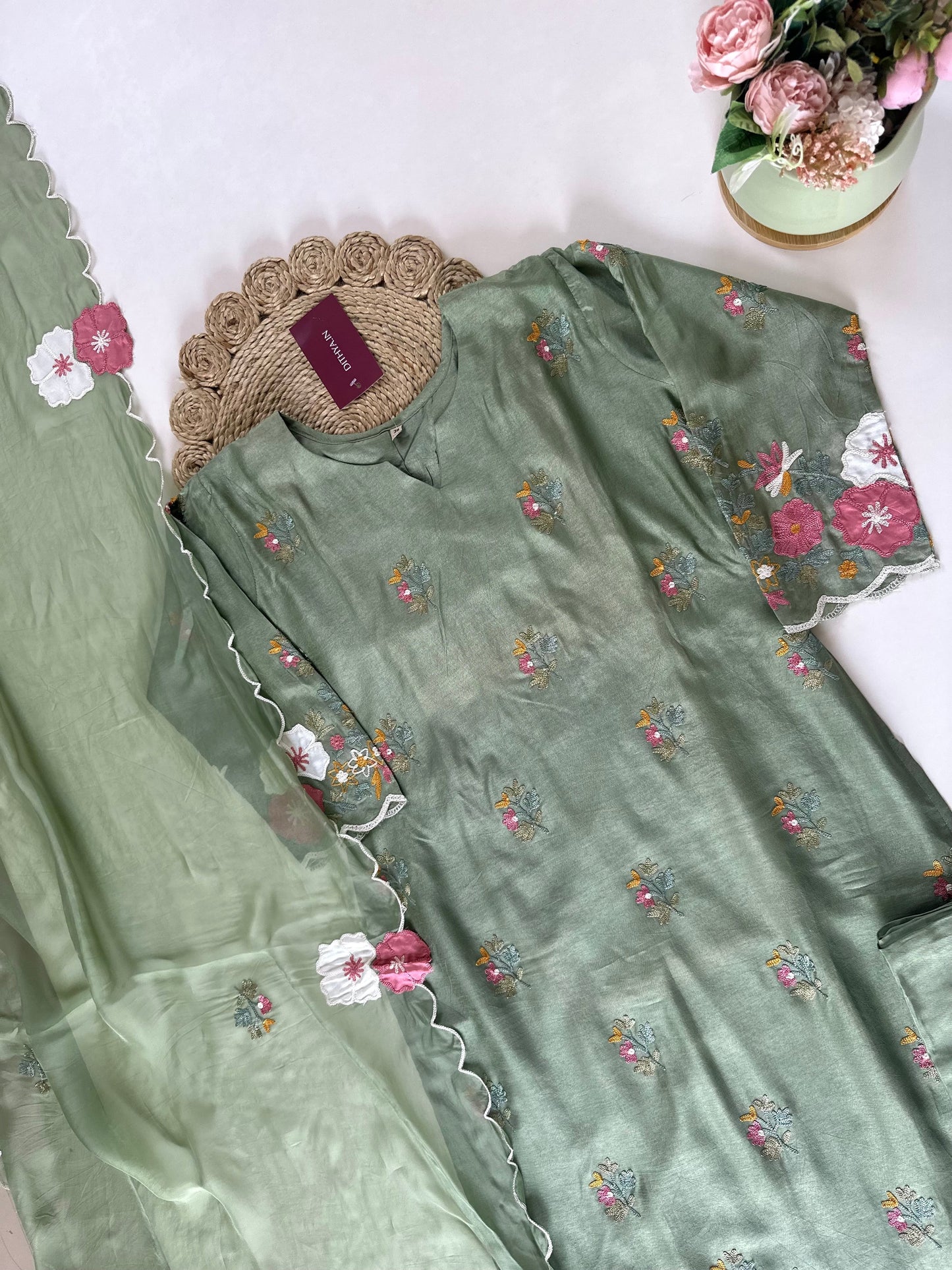 K194 - Russian silk Embroidery work straight kurti with pants and viscose organza dupatta .