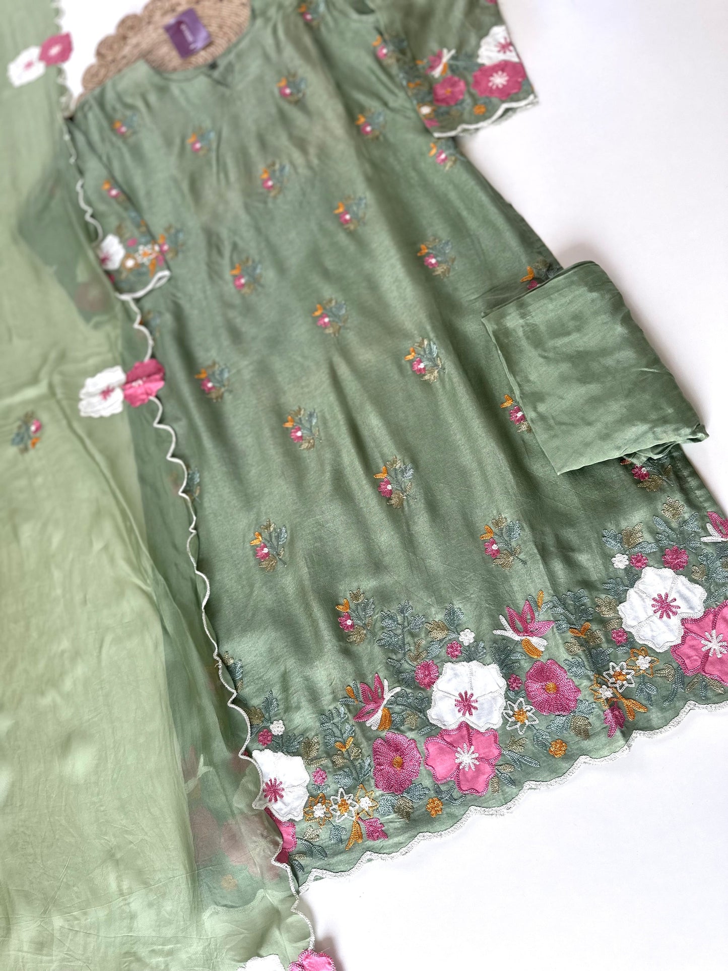 K194 - Russian silk Embroidery work straight kurti with pants and viscose organza dupatta .