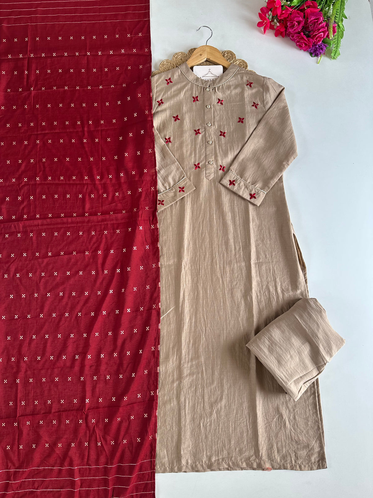 D757-Cotton straight Kurti with pants and dupatta