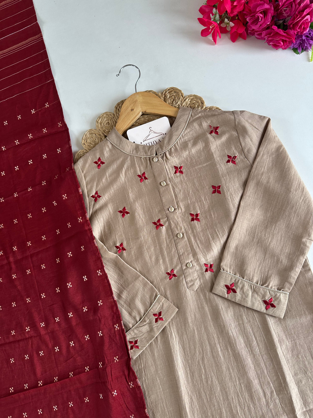 D757-Cotton straight Kurti with pants and dupatta