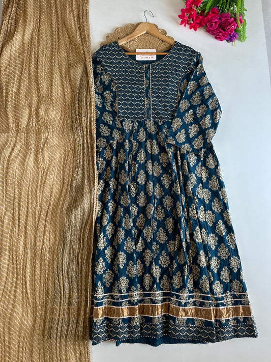 D755-Cotton Anarkali with pants and dupatta