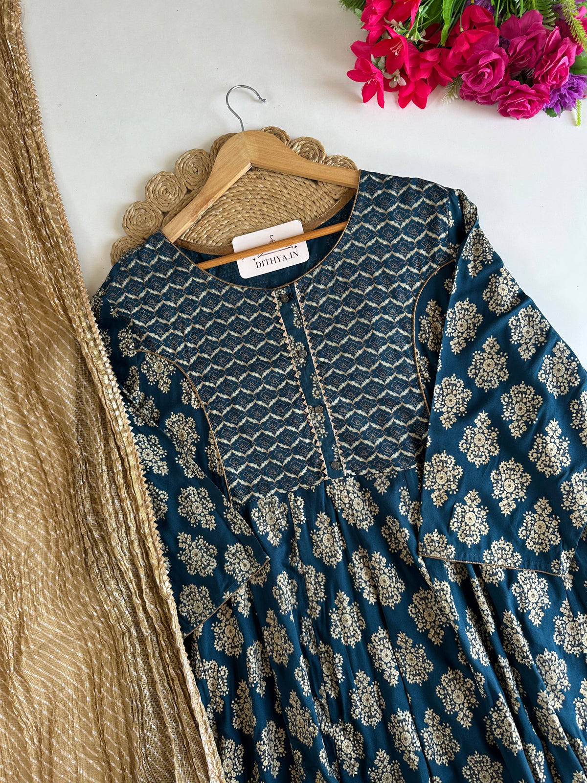 D755-Cotton Anarkali with pants and dupatta