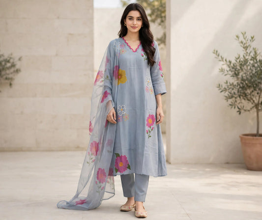 K262 - Mul chanderi hand painted embroidered Aline Kurti with pants and dupatta