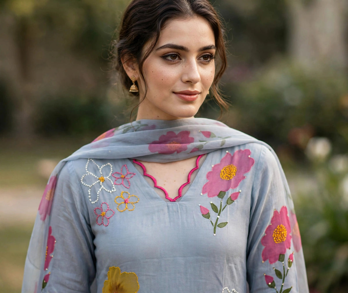 K262 - Mul chanderi hand painted embroidered Aline Kurti with pants and dupatta