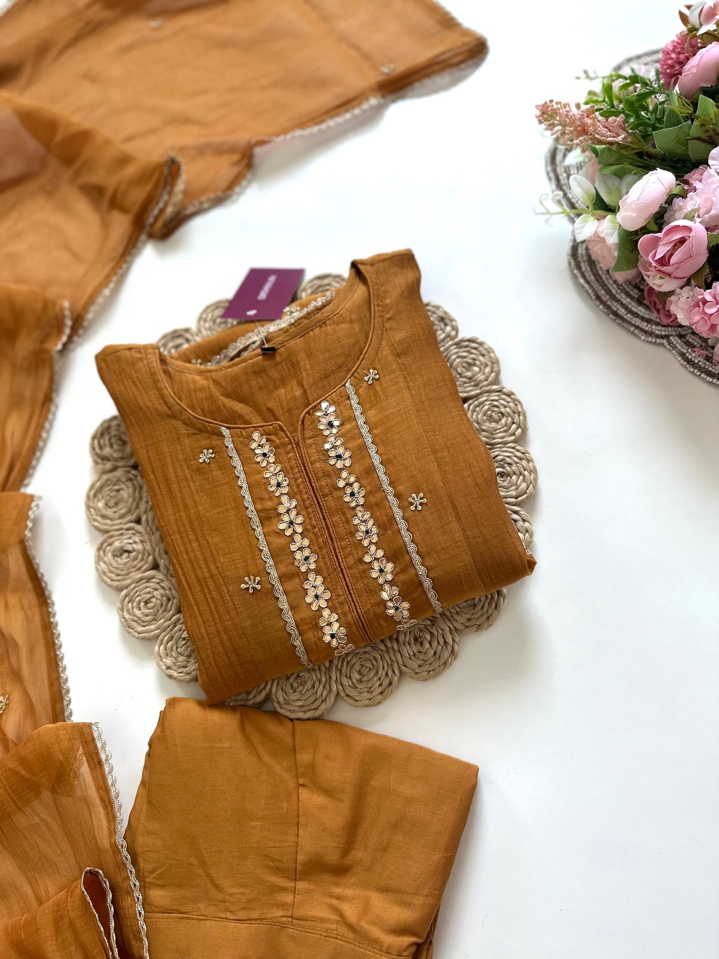 K142 - Mul Chanderi Gota work Aline Kurti with pants and dupatta