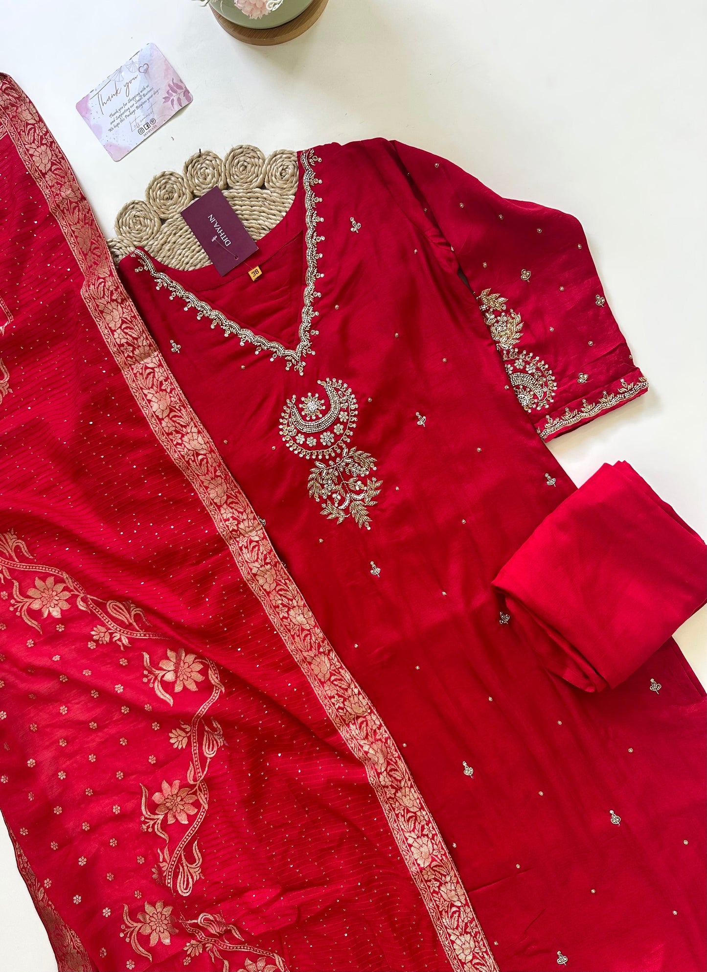 K277-Russian silk kurti with pants and dupatta