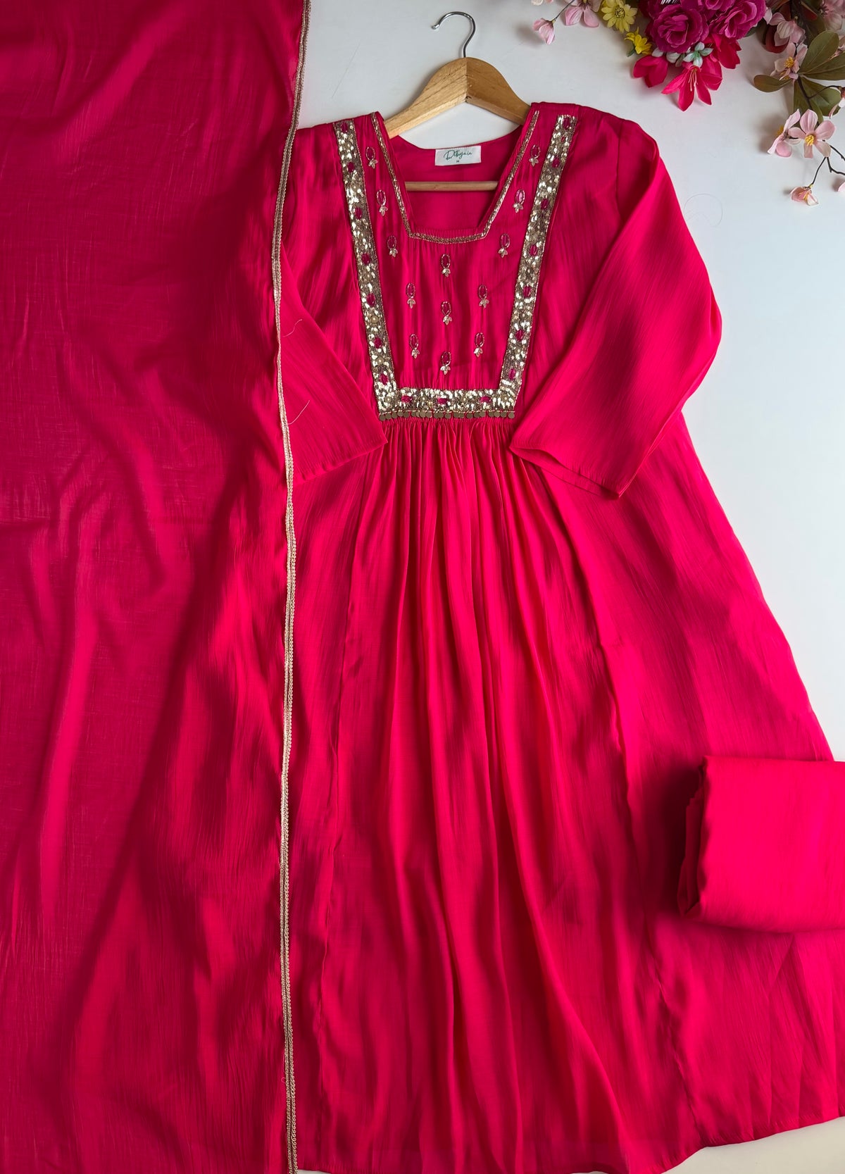 K643 - Surat Mul chanderi handwork Anarkali with pants and dupatta in 2 colours