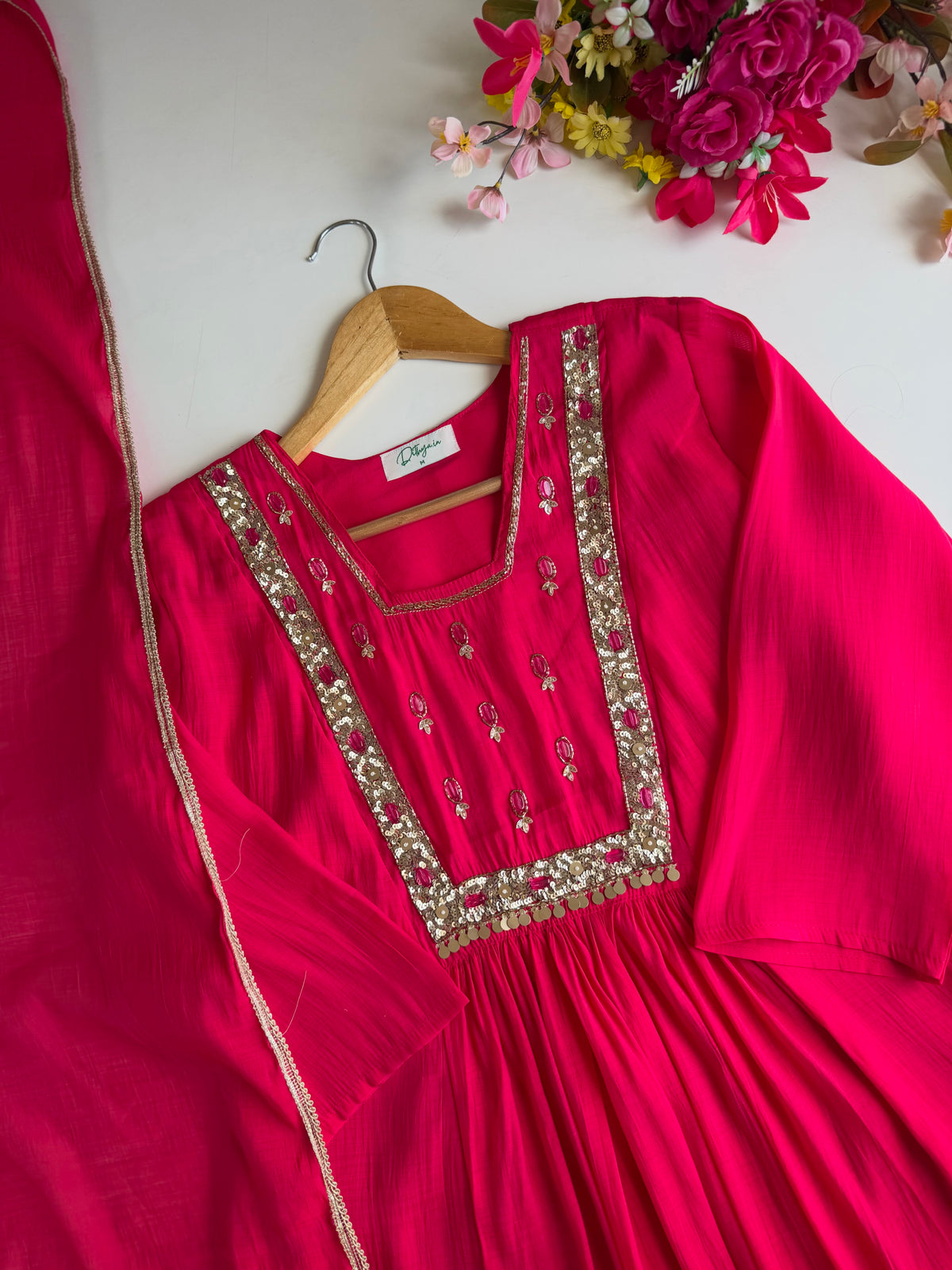 K643 - Surat Mul chanderi handwork Anarkali with pants and dupatta in 2 colours