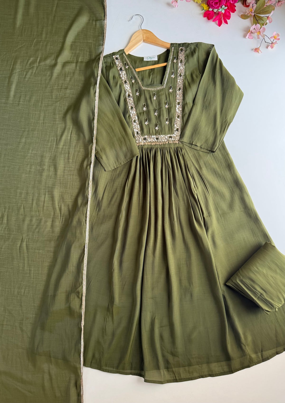 K643 - Surat Mul chanderi handwork Anarkali with pants and dupatta in 2 colours
