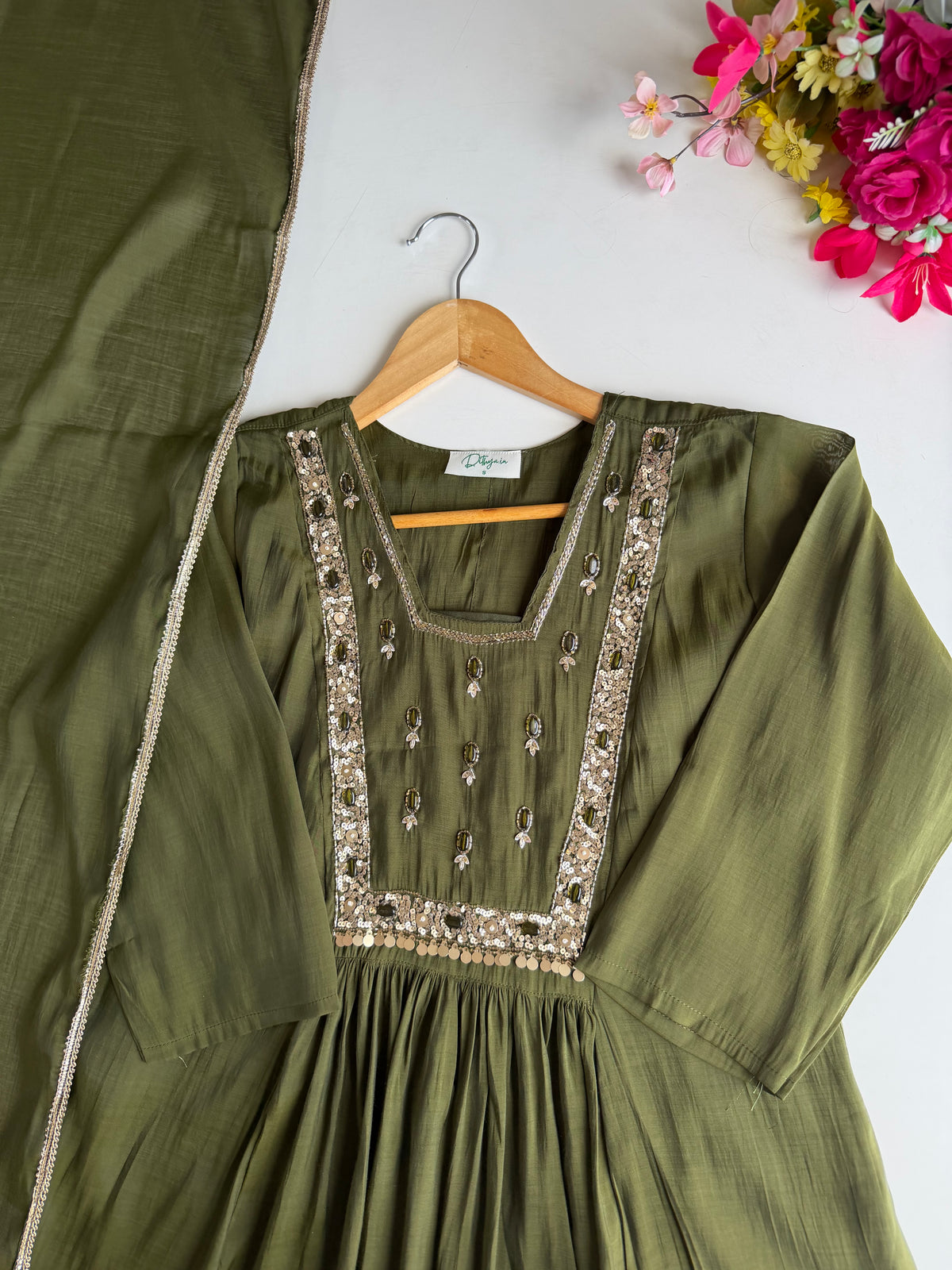 K643 - Surat Mul chanderi handwork Anarkali with pants and dupatta in 2 colours