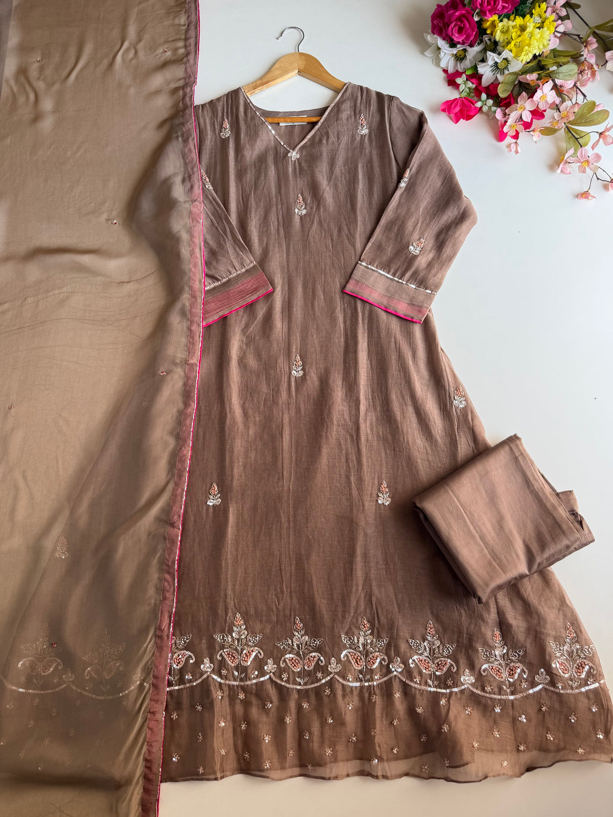 K616 - Pure Banarasi Mul chanderi handwork aline Kurti with pants and dupatta