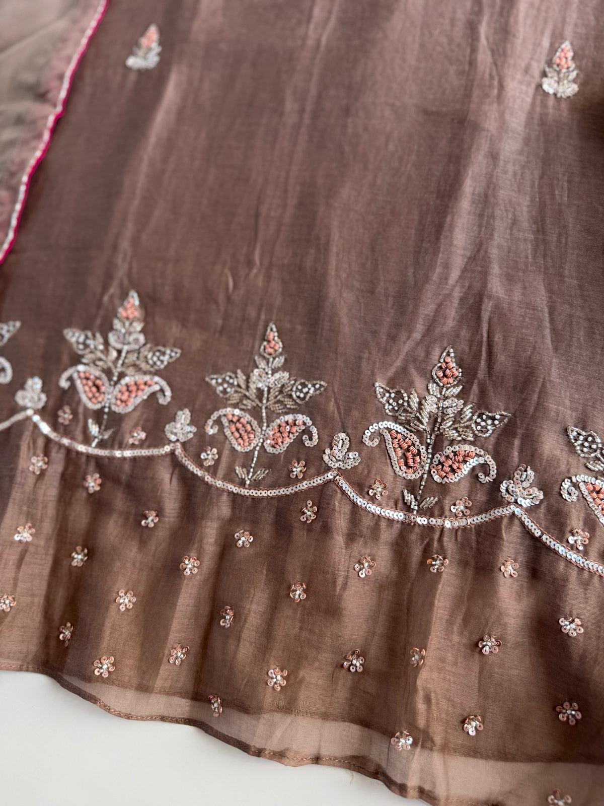 K616 - Pure Banarasi Mul chanderi handwork aline Kurti with pants and dupatta