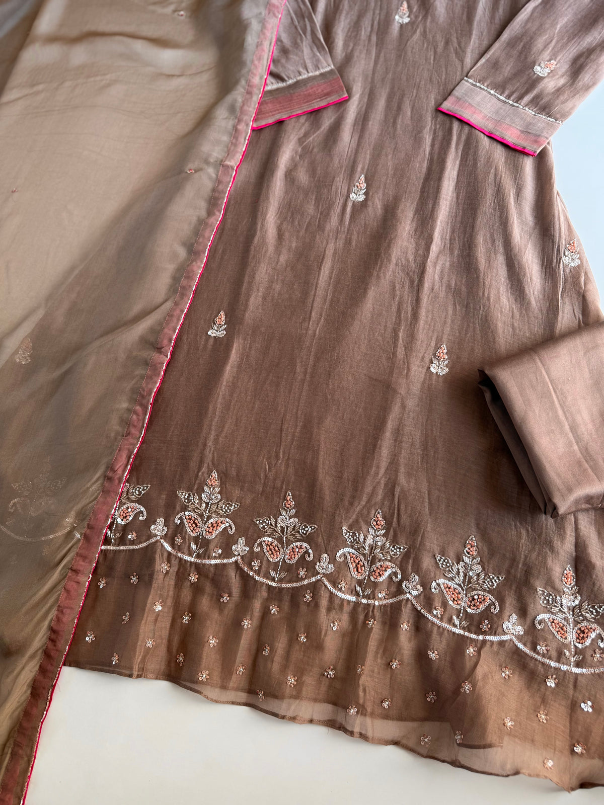 K616 - Pure Banarasi Mul chanderi handwork aline Kurti with pants and dupatta