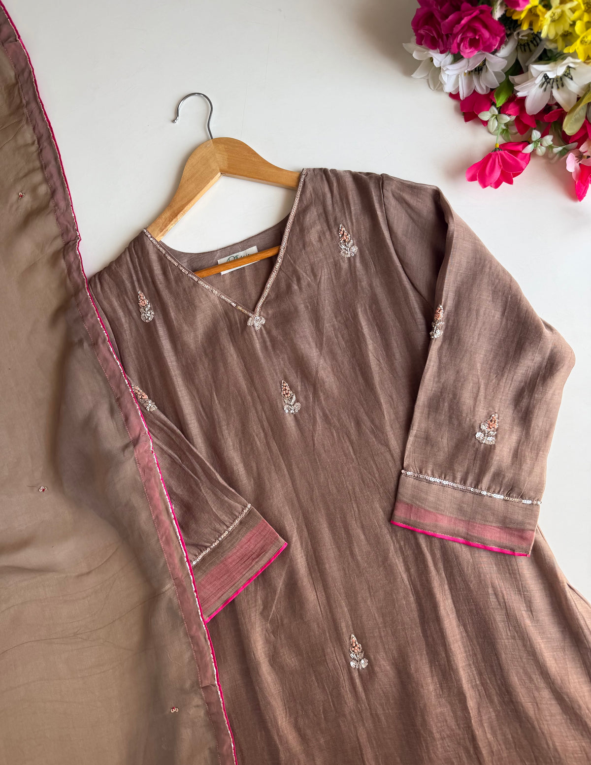 K616 - Pure Banarasi Mul chanderi handwork aline Kurti with pants and dupatta