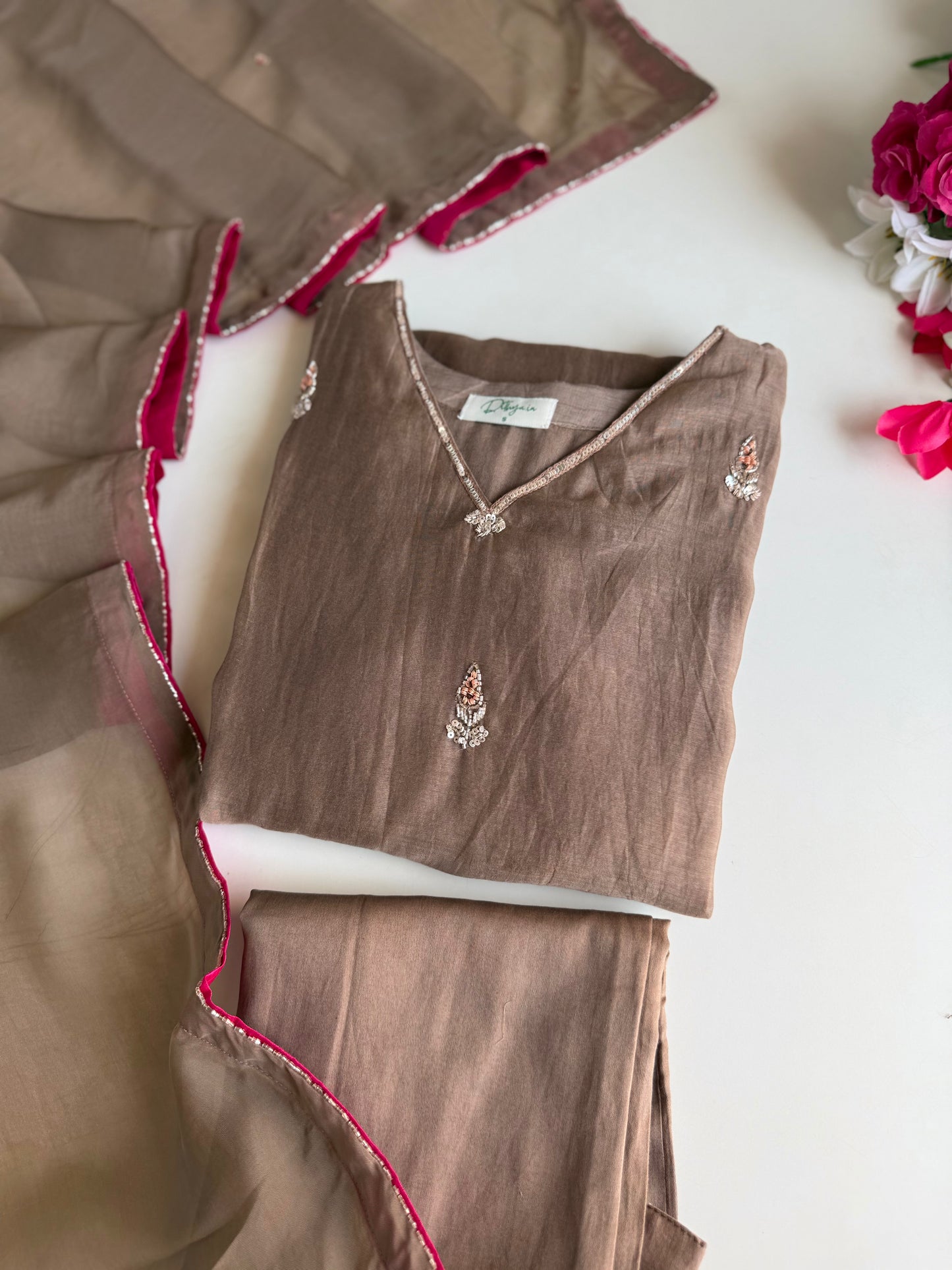 K616 - Pure Banarasi Mul chanderi handwork aline Kurti with pants and dupatta