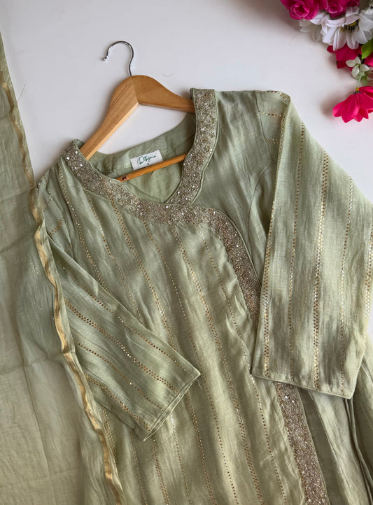K039 - Pure Banarasi mul chanderi handwork angrakha Kurti with pants and dupatta