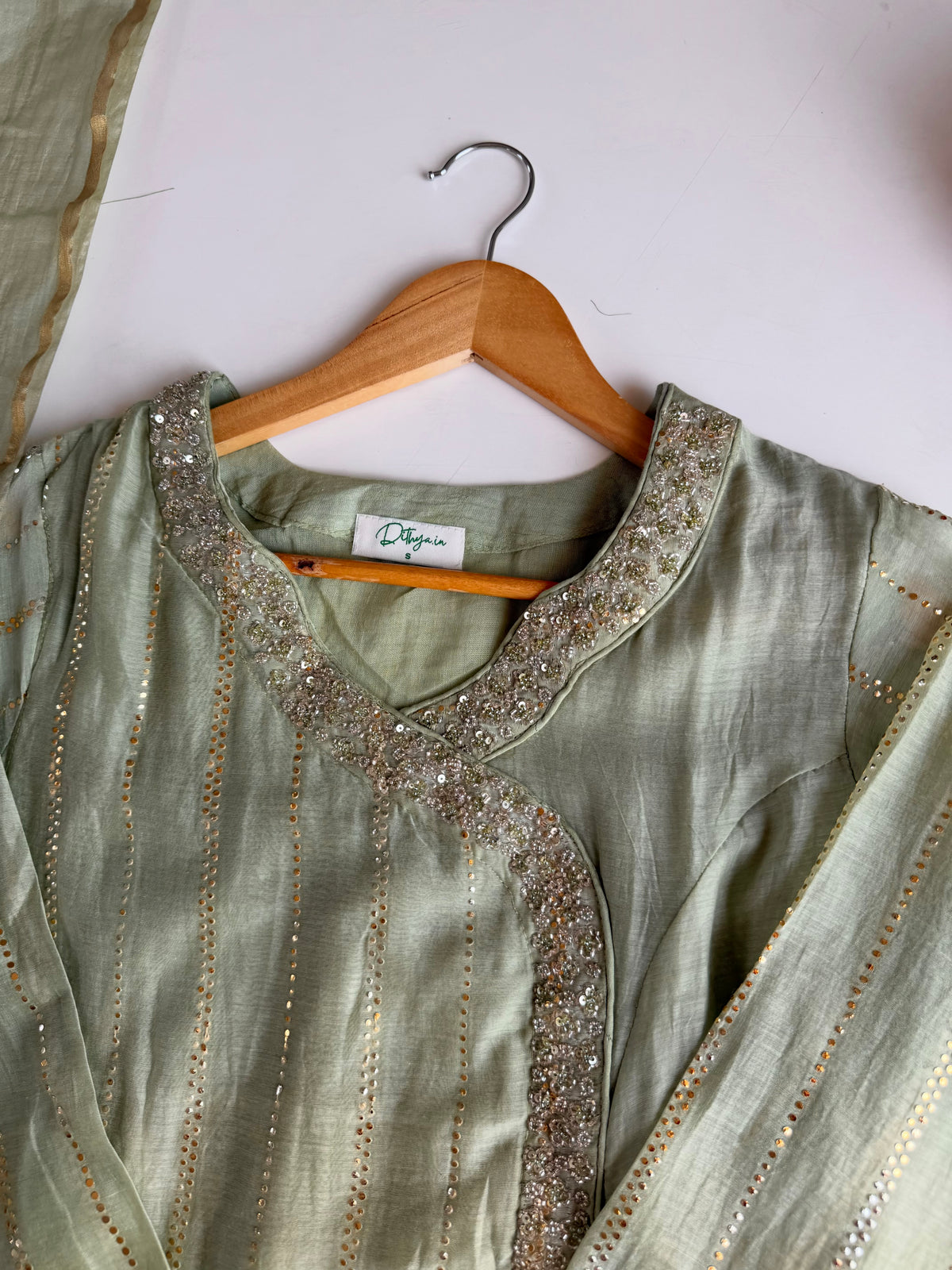 K039 - Pure Banarasi mul chanderi handwork angrakha Kurti with pants and dupatta