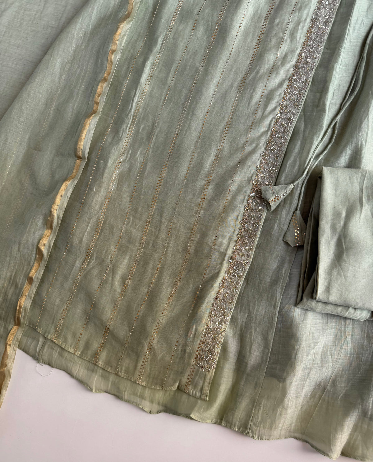 K039 - Pure Banarasi mul chanderi handwork angrakha Kurti with pants and dupatta
