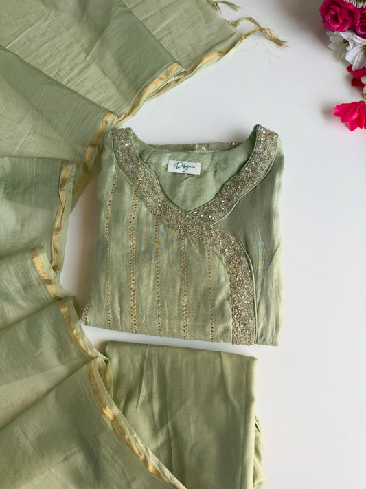 K039 - Pure Banarasi mul chanderi handwork angrakha Kurti with pants and dupatta