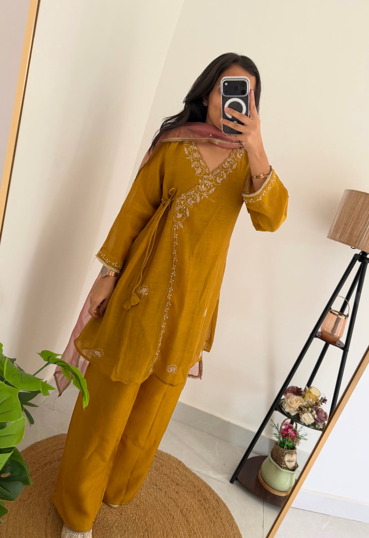 K444 - Pure Banarasi Mul chanderi Angrakha short Kurti with divider pants and dupatta