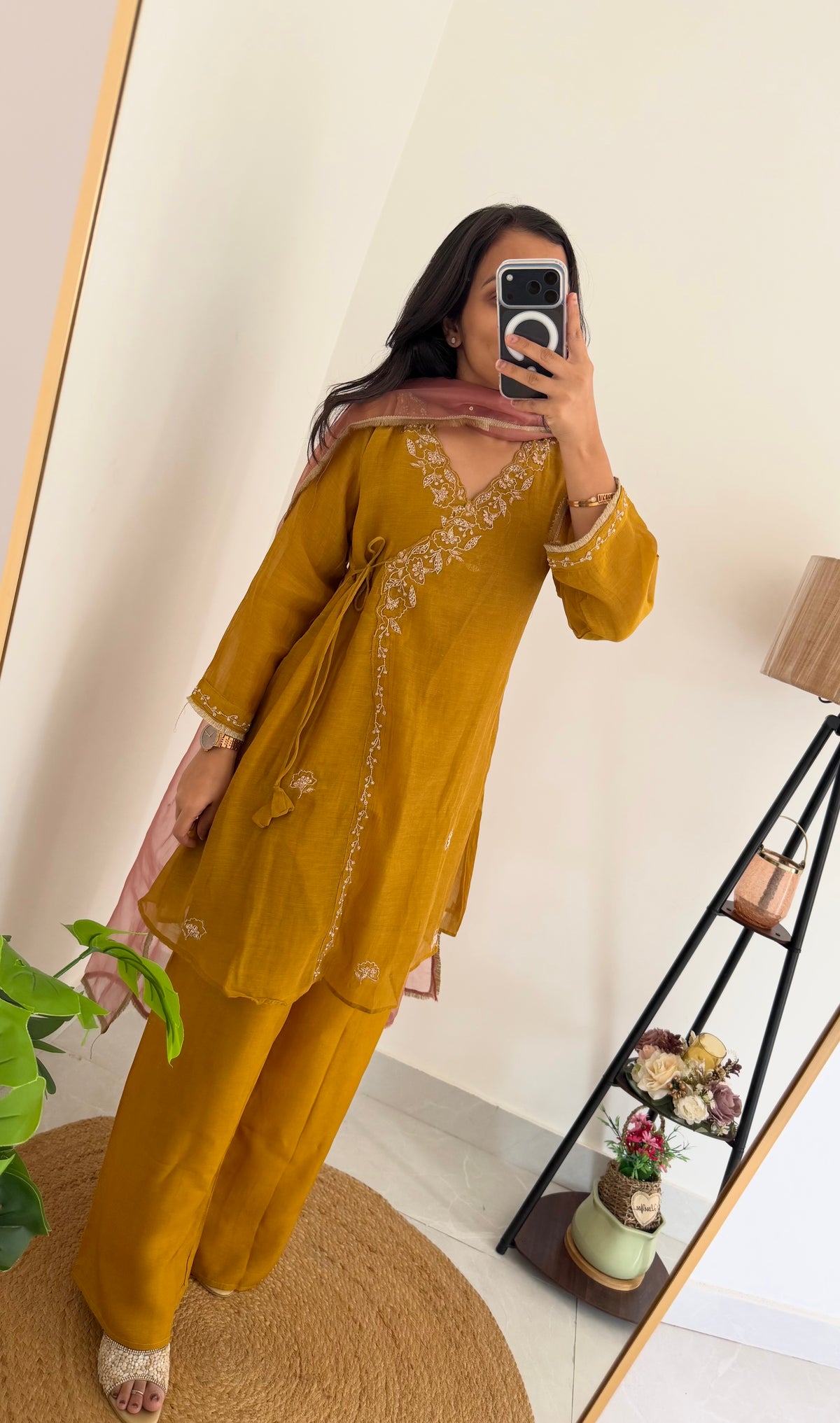 K444 - Pure Banarasi Mul chanderi Angrakha short Kurti with divider pants and dupatta