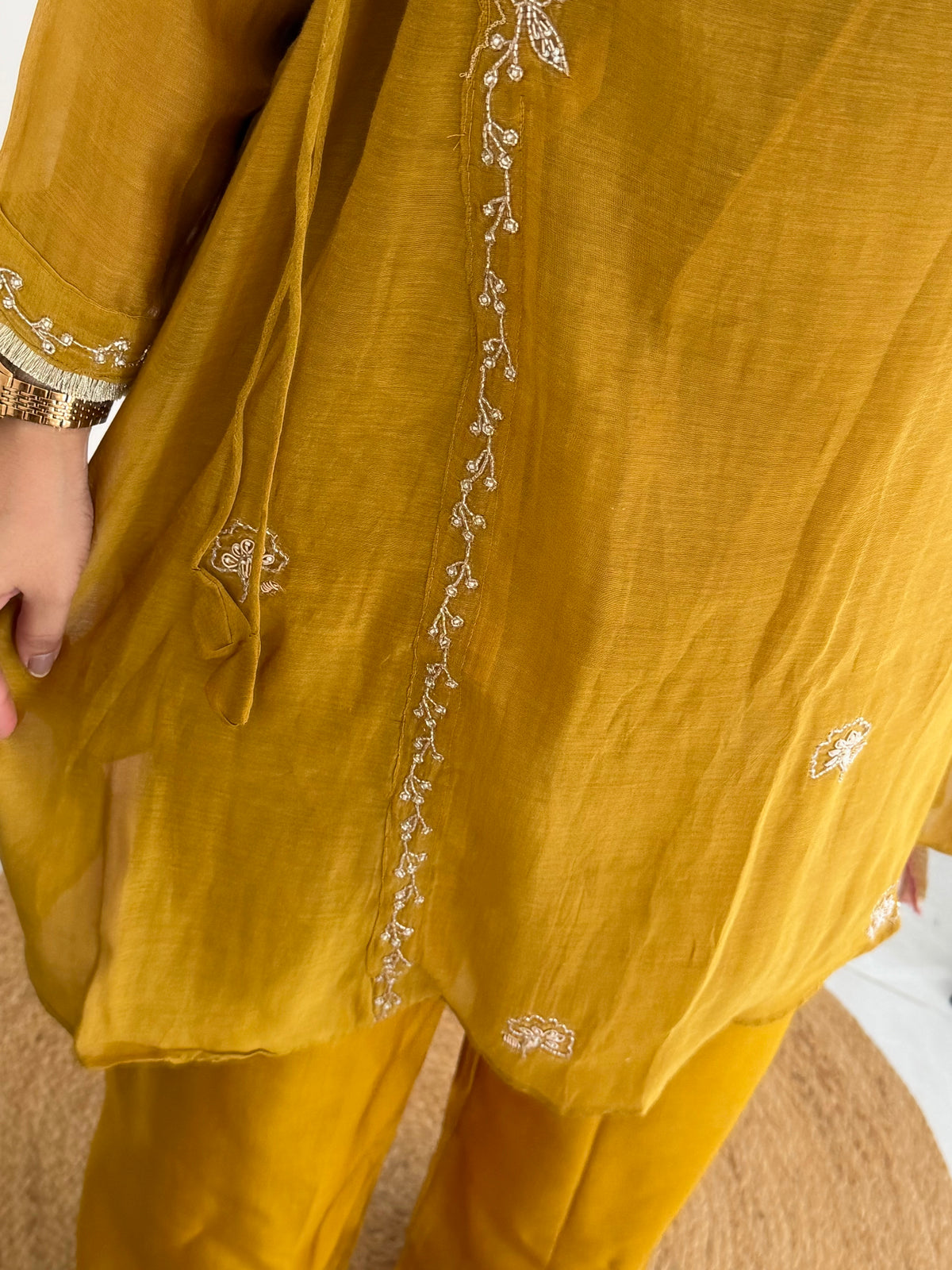 K444 - Pure Banarasi Mul chanderi Angrakha short Kurti with divider pants and dupatta