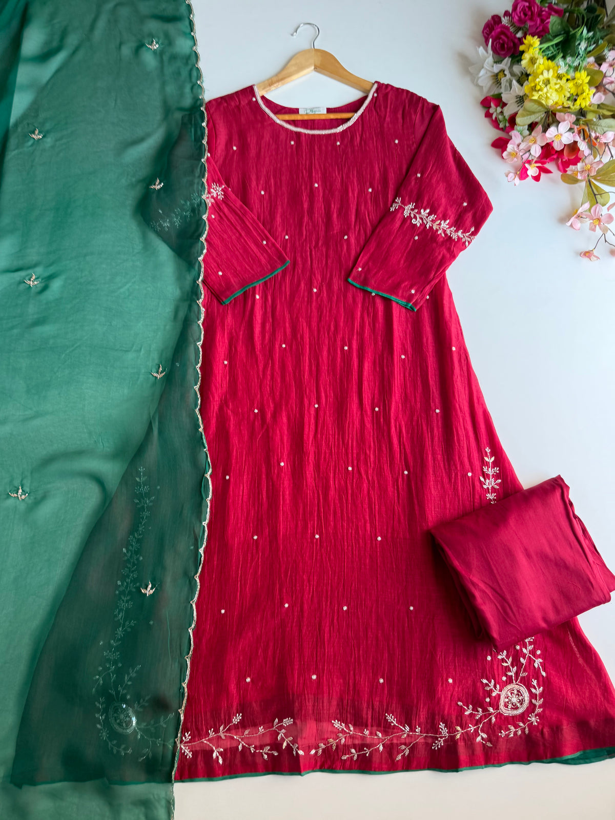 K623 - Pure Banarasi Mul chanderi handwork aline Kurti with pants and dupatta