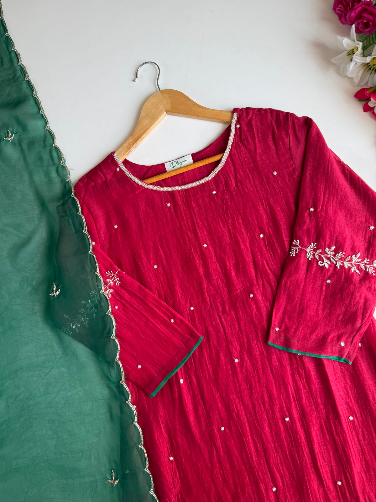 K623 - Pure Banarasi Mul chanderi handwork aline Kurti with pants and dupatta