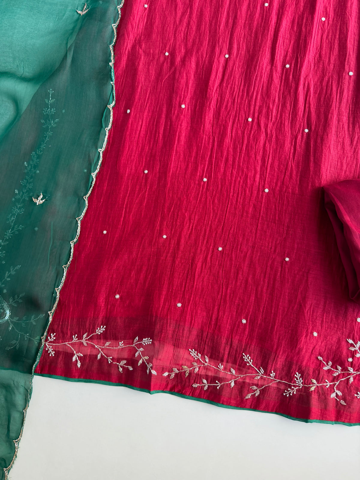 K623 - Pure Banarasi Mul chanderi handwork aline Kurti with pants and dupatta