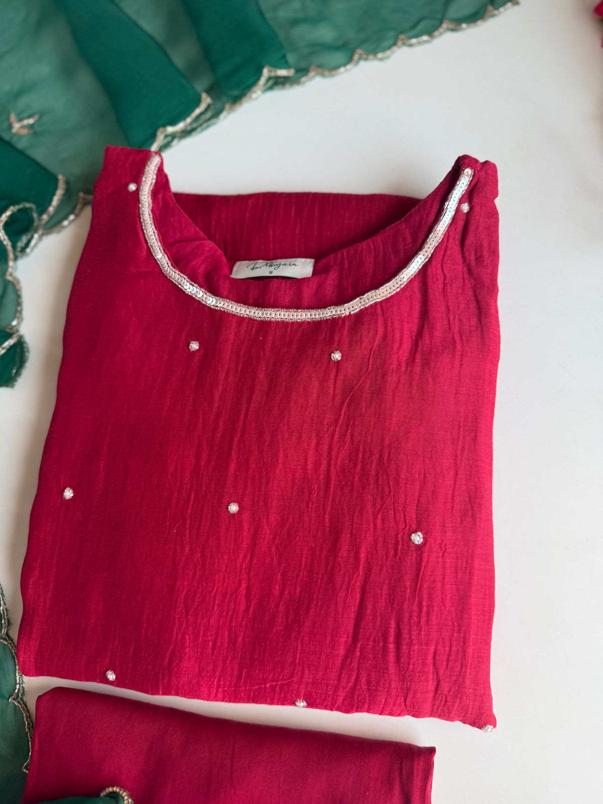 K623 - Pure Banarasi Mul chanderi handwork aline Kurti with pants and dupatta