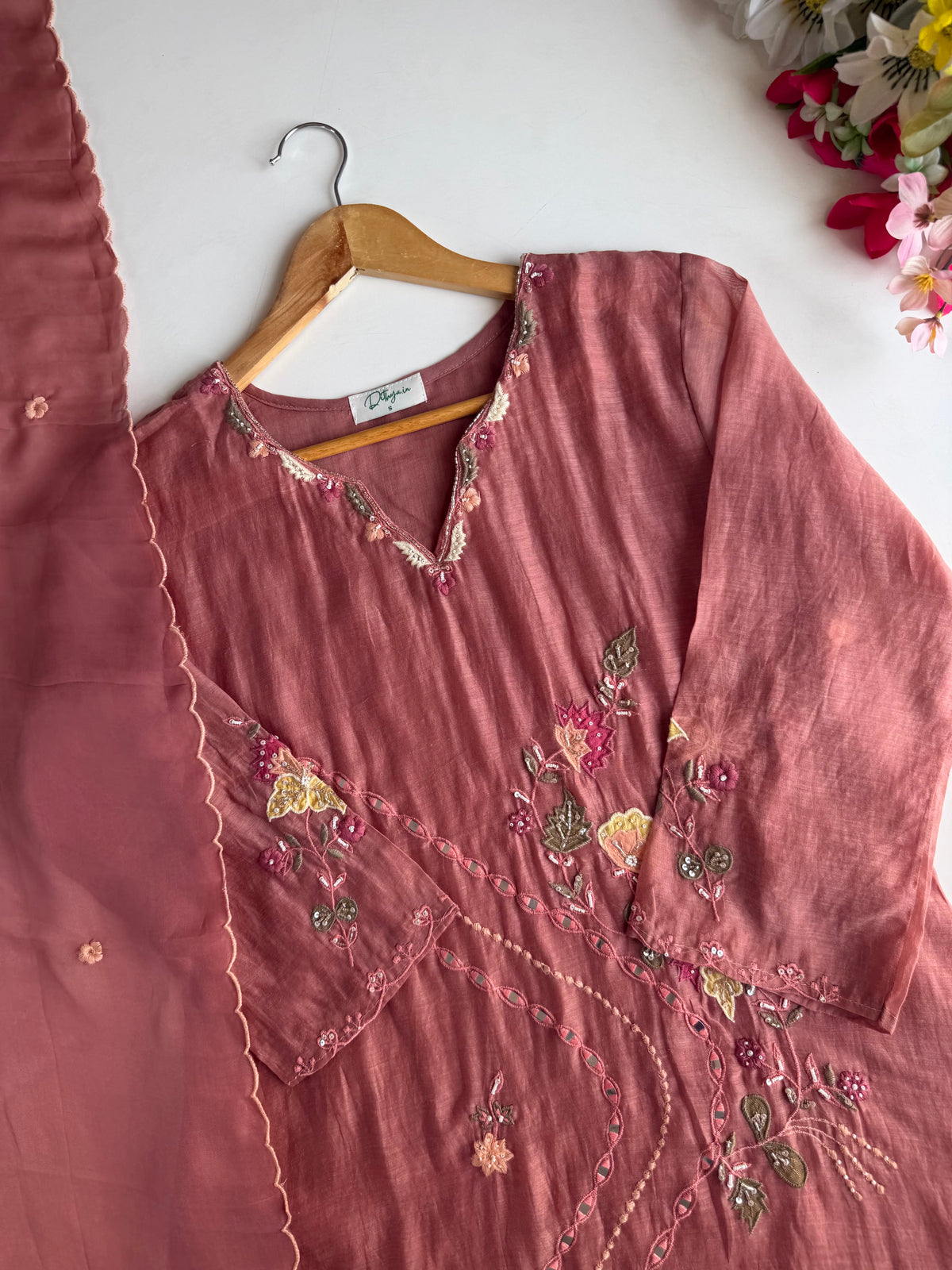 K640 - Pure Banarasi mul chanderi floral handwork aline Kurti with pants and dupatta