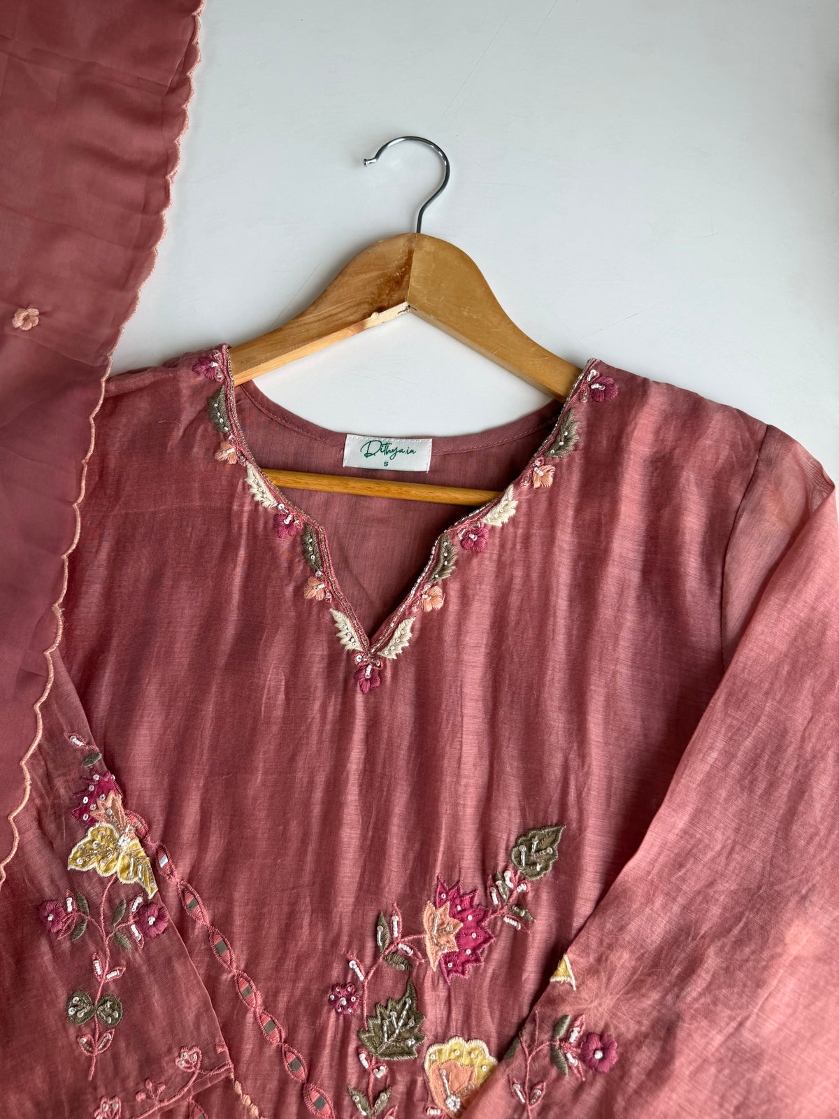 K640 - Pure Banarasi mul chanderi floral handwork aline Kurti with pants and dupatta